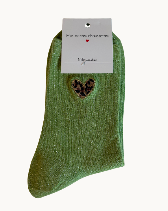 Chaussettes à paillettes - coeur - vert