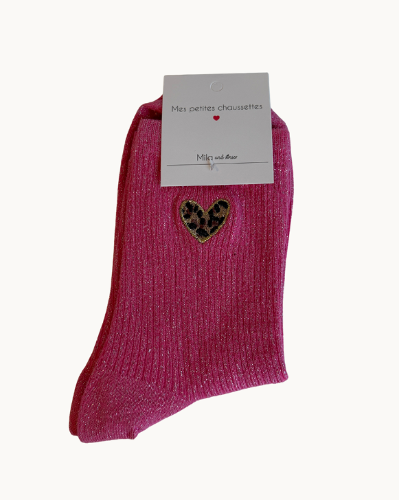 Chaussettes à paillettes - coeur - rose