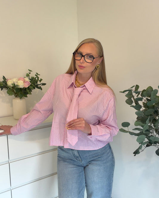 Chemise rayée avec cravate et strass