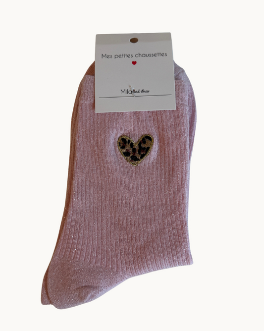chaussettes à paillettes - coeur - rose claire