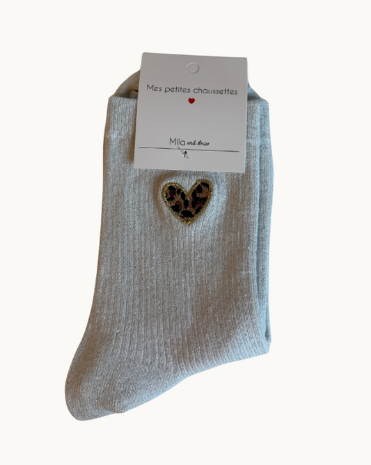 Chaussettes à paillettes - coeur - gris