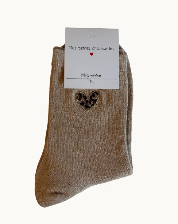 Chaussettes à paillettes - coeur - beige